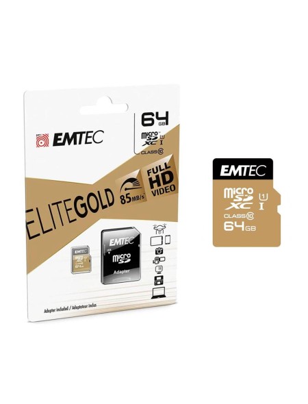Micro sd hc Emtec Uhs-I 64Gb Elite Gold 85mb/s clase 10  Con adaptador / ECMSDM64GXC10GP